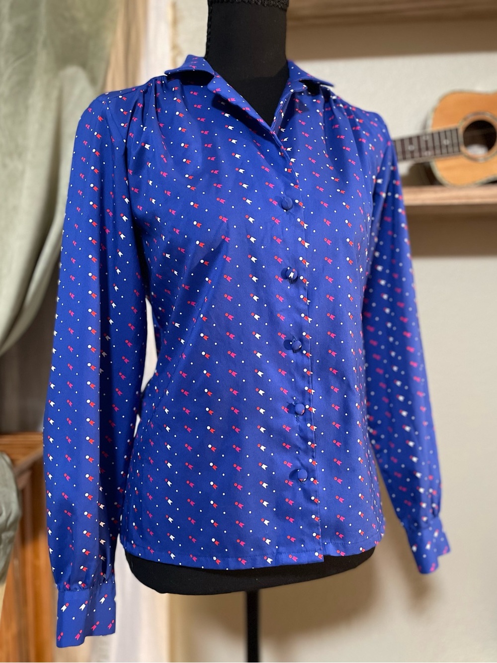 Women's Blue Button-Up Long Sleeve Top
